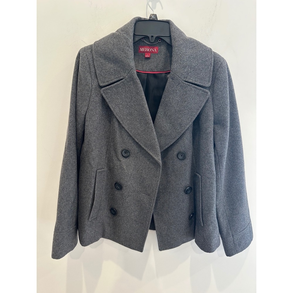 Merona Womens Gray Wool Blend Double Breasted Pea Coat Jacket Size L